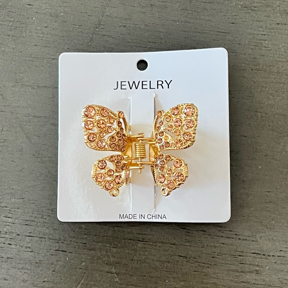 Butterfly Allover Champagne Rhinestone 1.5” Gold Metal Lobster Claw Hair Clip